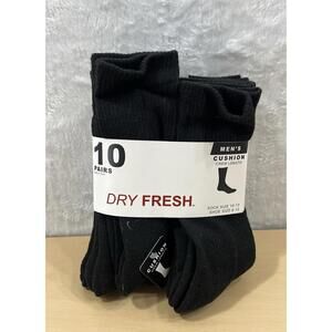 Dry Fresh Men’s Cushion Crew Socks 10 Pair Pack Black Size 10-13 Shoe 6-12 New